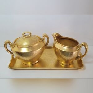 Vintage Pickard Gold Sugar & Creamer Set With Tray Etched Rose & Daisy